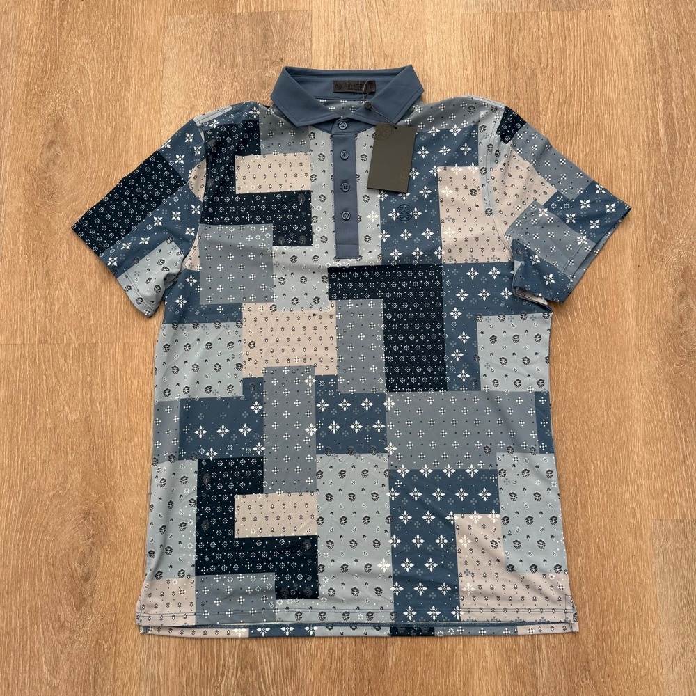 G/Fore Polo Shirt Mens Large Blue Patchwork "SLA" Print Short Sleeve‎ Bandana